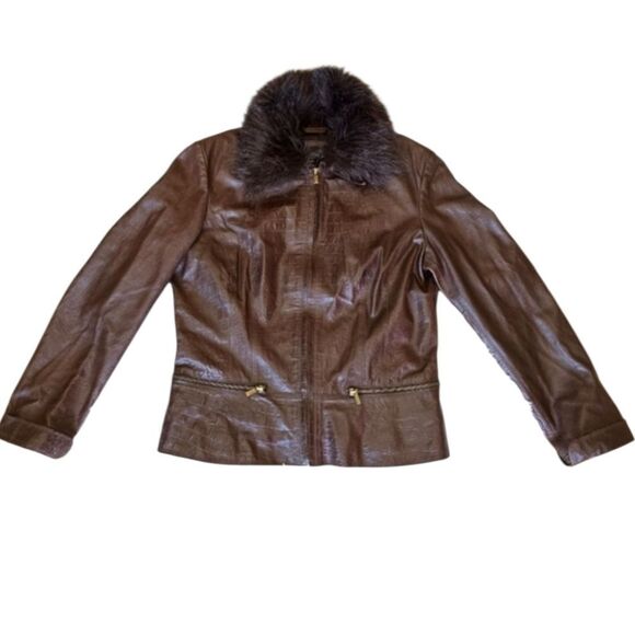 Express Genuine Leather Croc Embossed Brown Jacket Zip Size 14 Y2K 90s Western - Picture 1 of 14